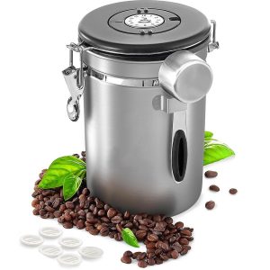 Stainless Steel Airtight Coffee Container Canister Coffee Grounds and Beans Container with Date Tracker, Scoop, CO2 Valve Filters,  Silver