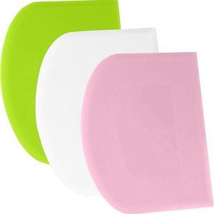 Dough Scraper Bench Scraper - 3P 4.65x3.7 Plastic Flexible Bowl Scraper, Sharp Edge / Angles Cake Scraper. Pink+White+Green